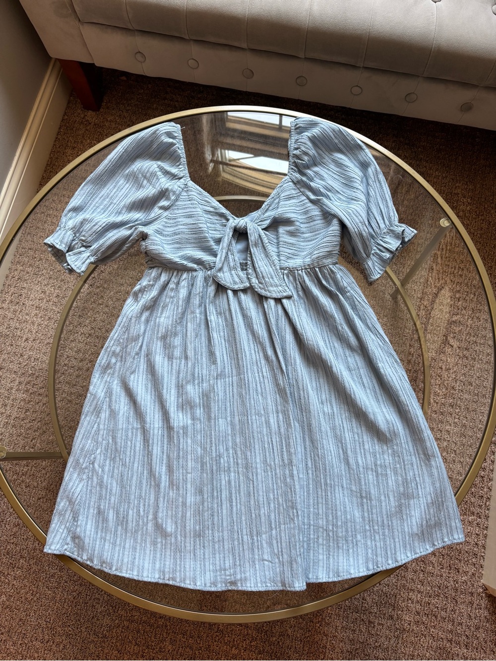 Light Blue Girls' Tie-Front Puff Sleeve Dress